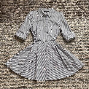 Felicity & Coco Navy and White Striped Cotton Dress, Flamingo Design, Size M